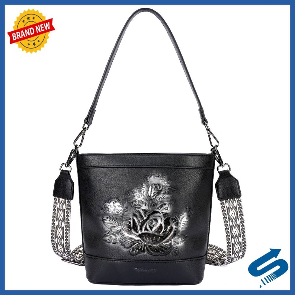 Vegan Leather Crossbody Bucket Bag Embossed Design Adjustable Straps Everyday - Picture 1 of 7